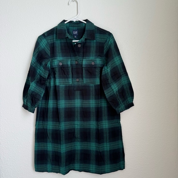 GAP Flannel Utility Mini Shirt Dress NWT in Green & Navy XS - Picture 2 of 13